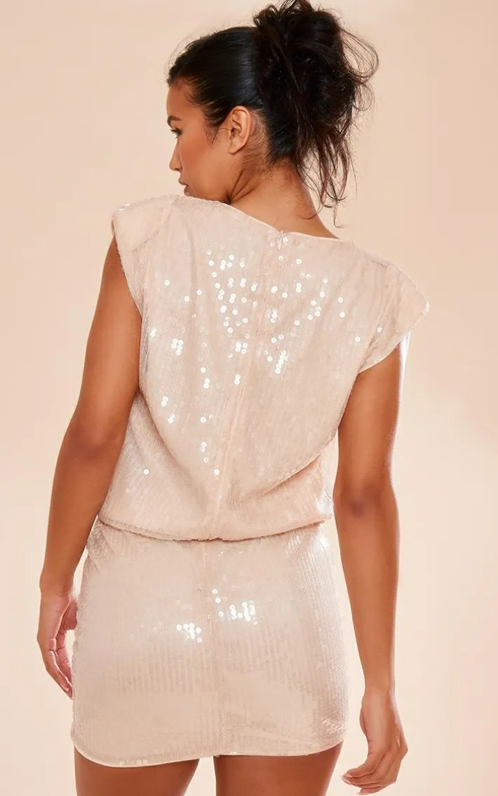 Nude Sequin Shoulder Pad Sleeveless Bodycon Dress