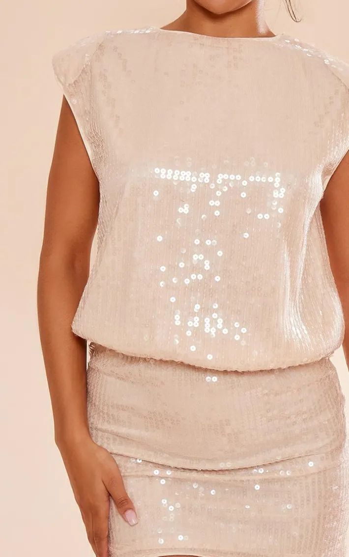 Nude Sequin Shoulder Pad Sleeveless Bodycon Dress