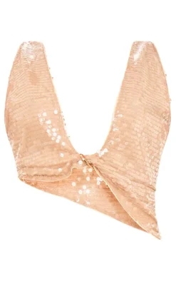 Nude Sequin Sleeve Plunge Metal Detail Bralet