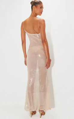 Nude Sequin Square Neck Fishtail Maxi Dress