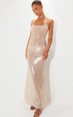 Nude Sequin Square Neck Fishtail Maxi Dress