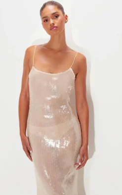 Nude Sequin Square Neck Fishtail Maxi Dress