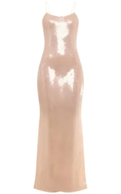 Nude Sequin Square Neck Fishtail Maxi Dress