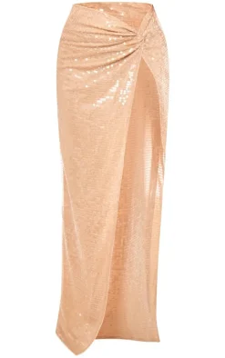 Nude Sequin Twist Front Extreme Split Midaxi Skirt