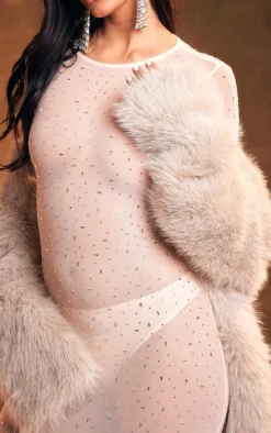 Nude Sheer Diamante Mesh Long Sleeve Maxi Dress