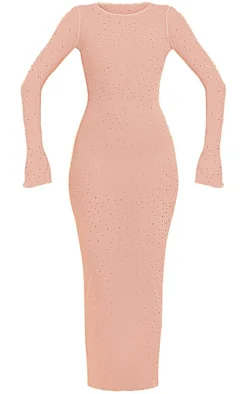 Nude Sheer Diamante Mesh Long Sleeve Maxi Dress