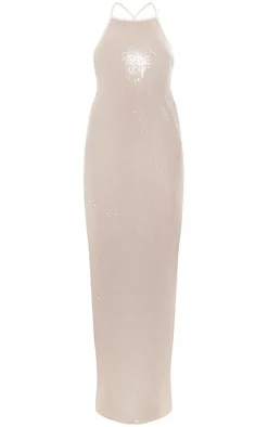 Nude Sheer Sequin Cross Back Cowl Maxi Dress