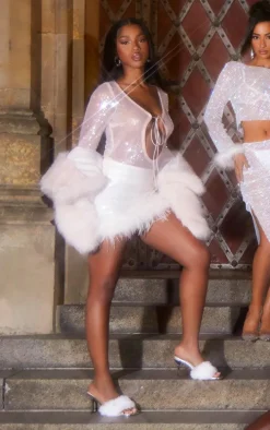 Nude Sheer Sequin Plunge Tie Front Cut Out Long Sleeve Long Top