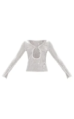 Nude Sheer Sequin Plunge Tie Front Cut Out Long Sleeve Long Top