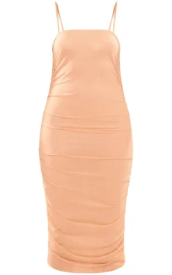 Nude Strappy Mesh Ruched Midaxi Dress