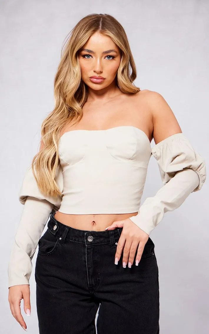 Nude Stretch Woven Bardot Long Sleeve Crop Top
