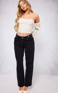 Nude Stretch Woven Bardot Long Sleeve Crop Top
