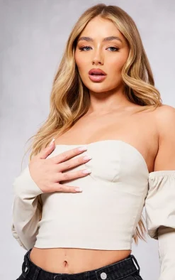 Nude Stretch Woven Bardot Long Sleeve Crop Top