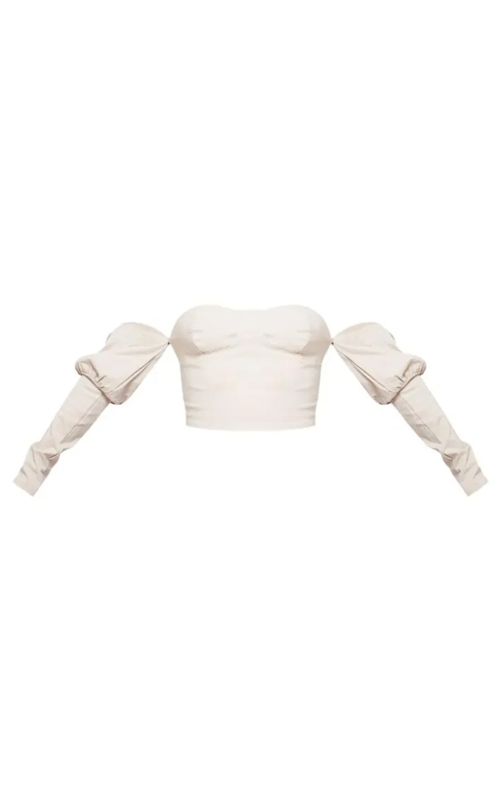 Nude Stretch Woven Bardot Long Sleeve Crop Top