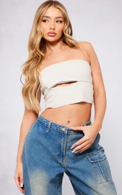 Nude Stretch Woven Twist Front Crop Top