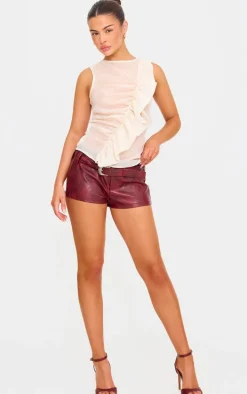 Nude Textured Fitted Chiffon Ruffle Detail Long Top