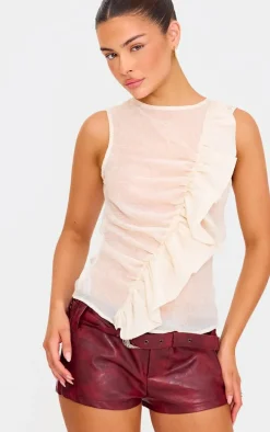 Nude Textured Fitted Chiffon Ruffle Detail Long Top