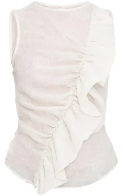 Nude Textured Fitted Chiffon Ruffle Detail Long Top