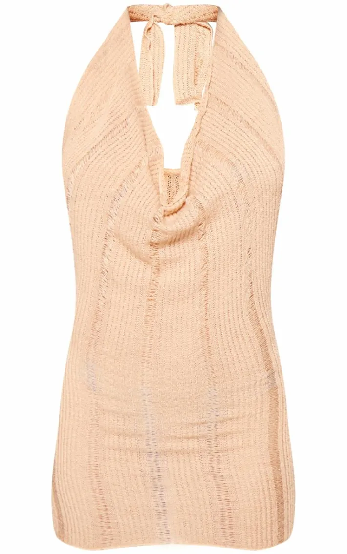 Nude Textured Halter Neck Cowl Neck Mini Dress
