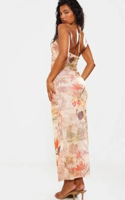 Nude Tropical Print Mesh Halterneck Maxi Dress