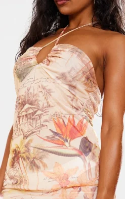 Nude Tropical Print Mesh Halterneck Maxi Dress