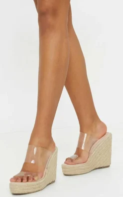 Nude Twin Strap Clear Mule Espadrille Wedges