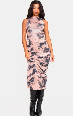 Nude Twist Shoulder Mesh Print Maxi Dress