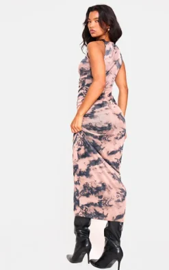 Nude Twist Shoulder Mesh Print Maxi Dress