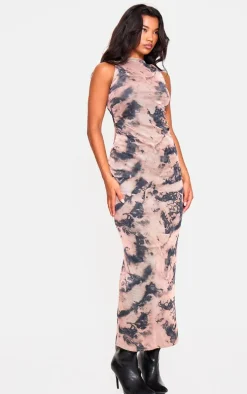 Nude Twist Shoulder Mesh Print Maxi Dress