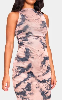 Nude Twist Shoulder Mesh Print Maxi Dress