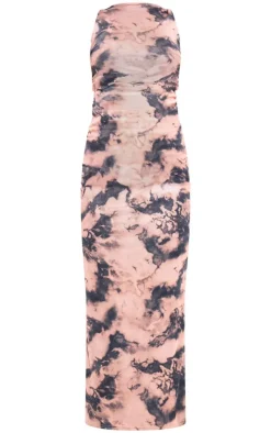 Nude Twist Shoulder Mesh Print Maxi Dress