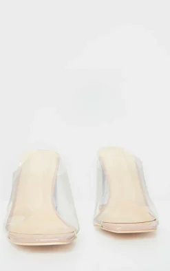 Nude Wide Fit Clear Flared Block Heel Mules