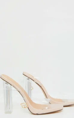 Nude Wide Fit Clear High Block Heel Strappy Heel Sandals
