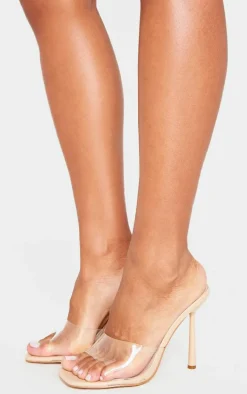 Nude Wide Fit Clear Strap Heeled Mules