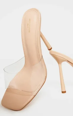 Nude Wide Fit Clear Strap Heeled Mules