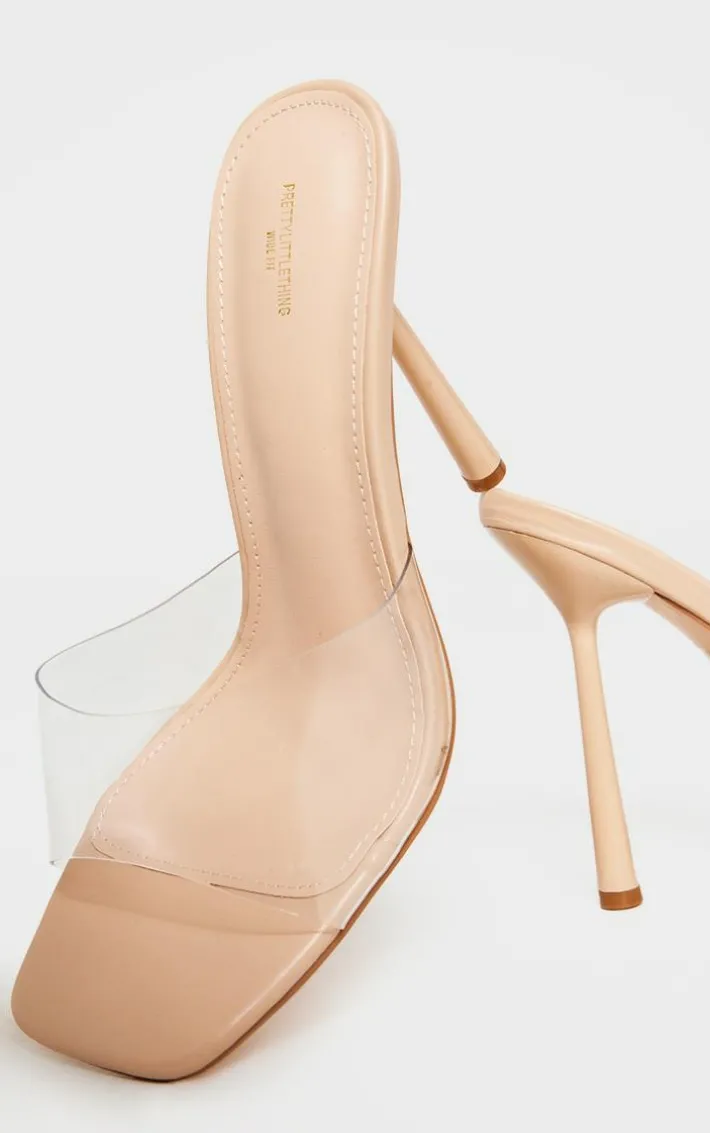 Nude Wide Fit Clear Strap Heeled Mules