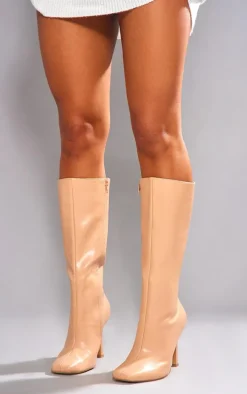 Nude Wide Fit Faux Leather Square Toe Heeled Knee High Boots