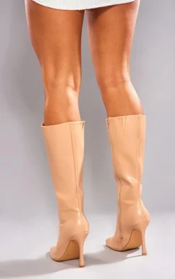 Nude Wide Fit Faux Leather Square Toe Heeled Knee High Boots