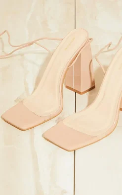 Nude Wide Fit Patent Pu Clear Strap Block Heel Sandals