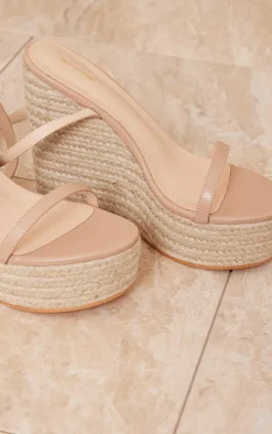 Nude Wide Fit PU Metallic Strap Espadrille High Heeled Wedges