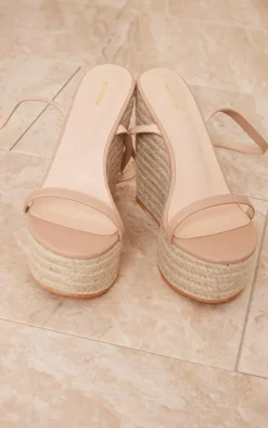 Nude Wide Fit PU Metallic Strap Espadrille High Heeled Wedges