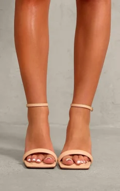 Nude Wide Fit PU Square Toe Ankle Strap High Heeled Sandals