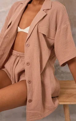 Nude Woven Pocket Detail Short Sleeve Oversized Shirt