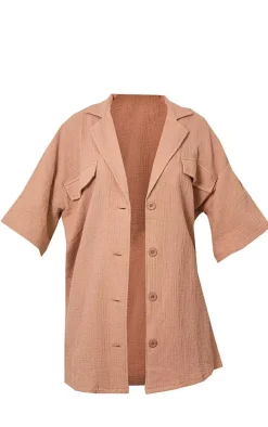 Nude Woven Pocket Detail Short Sleeve Oversized Shirt