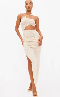 Nude Zebra Flocked One Shoulder Cut Out Midaxi Dress