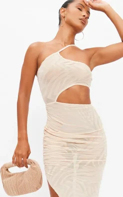 Nude Zebra Flocked One Shoulder Cut Out Midaxi Dress
