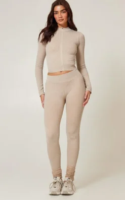 Oatmeal Acid Wash Seamless Rib High Waist Gym Leggings