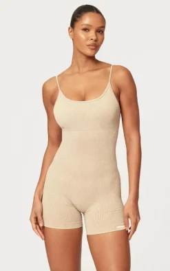 Oatmeal Acid Wash Seamless Rib Mini Gym Unitard