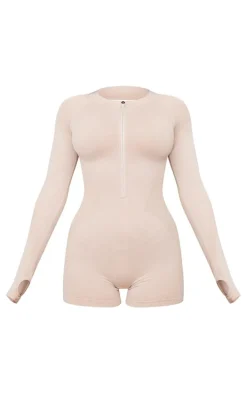 Oatmeal Acid Wash Seamless Rib Cut Out Back Short Gym Unitard