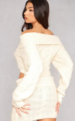 Oatmeal Bardot Foldover Detail Cropped Sweater